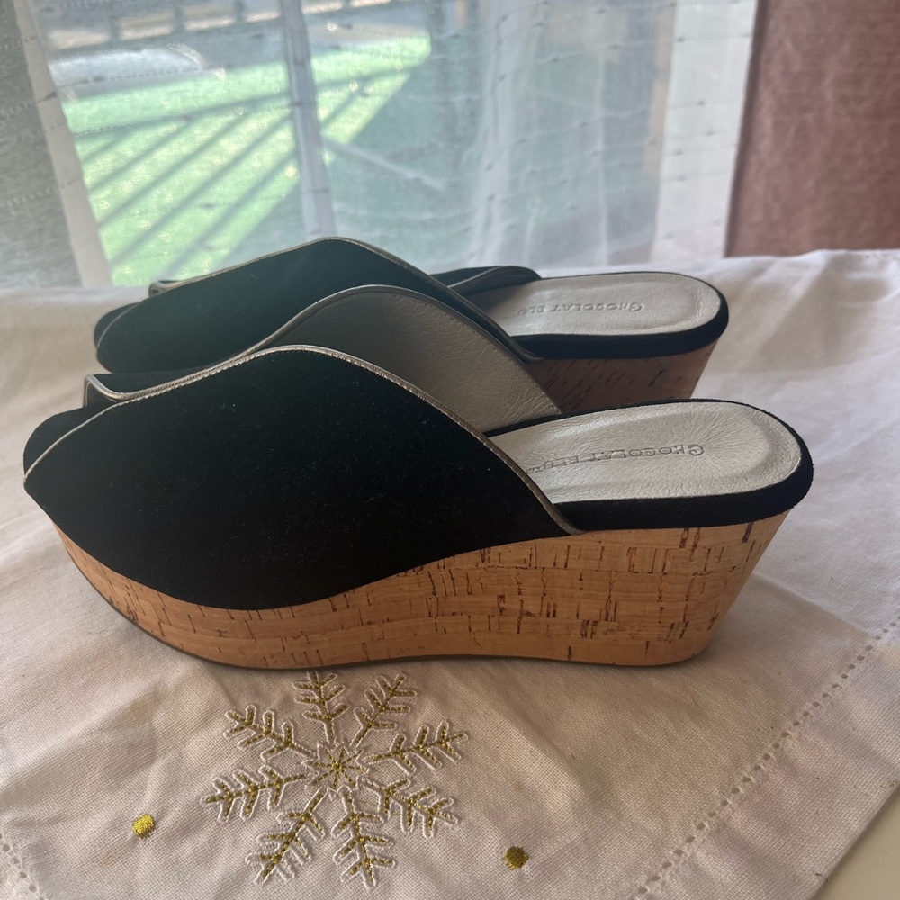 Chocolat Blu Black Cork Wedge Shoes